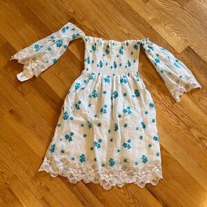 Tube attached sleeves Casual Dress with Teal Floral Embroidery from Italy new